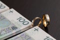 Gold wedding rings surrounded by a stack of Polish banknotes Royalty Free Stock Photo
