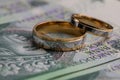 Gold wedding rings surrounded by a stack of Polish banknotes Royalty Free Stock Photo