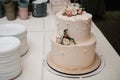 wedding white cake with tiers decorated with rose flowers Royalty Free Stock Photo