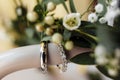Wedding white gold rings near white flowers Royalty Free Stock Photo