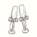 Drawing wedding wineglasses with bow.