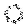 Wedding wreath black laurel ring divider on white backdrop. Round floral hand drawn Christmas, New Year plant circle branch frame