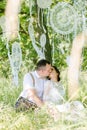 A couple of newlyweds kissing under a tree Royalty Free Stock Photo