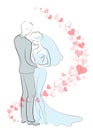 Wedding. Young bride and cute bride. Happy relationship and love boyfriend and girlfriend. Background of red hearts. Vector