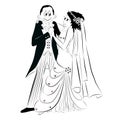 Vector black and white cartoon illustration of a wedding couple, a bride and a groom hugging each other eye to eye on their weddin Royalty Free Stock Photo