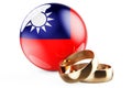 Weddings in Taiwan concept. Wedding rings with Taiwanese flag. 3D rendering