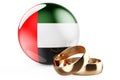 Weddings in the UAE concept. Wedding rings with the United Arab Emirates flag. 3D rendering