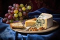a wedge of blue cheese with grapes and crackers on a plate Royalty Free Stock Photo