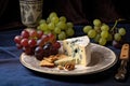 a wedge of blue cheese with grapes and crackers on a plate Royalty Free Stock Photo