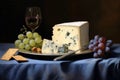 a wedge of blue cheese with grapes and crackers on a plate Royalty Free Stock Photo