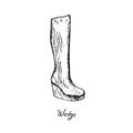 Wedge Boots, isolated hand drawn outline doodle, sketch, black and white illustration with inscription Royalty Free Stock Photo