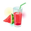 Wedge of ripe watermelon and glass of red juice with straw. Summer drink, beverage.