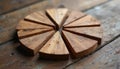 Wedge shaped wooden pieces form circle on rustic table. Natural wood grain texture creates segmented pie chart for data division Royalty Free Stock Photo