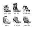 Wedge Sneakers, Biker Boots, Clog Ankle , Shearling , High Heel, Wedge Ankle, isolated hand drawn outline doodle, sketch, black Royalty Free Stock Photo