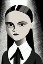 Wednesday Addams, Halloween gothic vampire girl. Morbid child abstract cartoon. Royalty Free Stock Photo