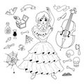 Wednesday. Halloween outline doodles. Dancing pretty girl, bat, cello, rum, skull, hand thing cobweb and knife. Vector