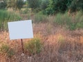 Weed-covered field with white blank metallic sign. Mock-up for sale announcement with copy space Royalty Free Stock Photo