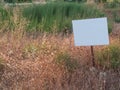 Weed-covered field with white blank metallic sign. Mock-up for sale announcement with copy space Royalty Free Stock Photo