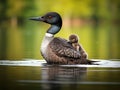 Ai Generated illustration Wildlife Concept of A week-old Common Loon chick rides on its mother`s back as its Royalty Free Stock Photo