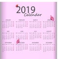 Decorative 2019 monthly calendar with pink butterfly