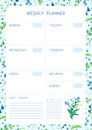 Week timetable and habit tracker blue wild flowers flat vector template. Royalty Free Stock Photo