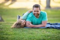 Weekend activity happy family lifestyle concept. Father and son relaxing on nature in park. Concept of children and Royalty Free Stock Photo