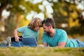 Weekend activity happy family lifestyle concept. Father with son use laptop. Dad and school boy child looking screen and Royalty Free Stock Photo