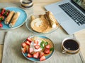 Weekend breakfast at home with homemade waffels