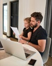 Weekend, father and daughter reading paper, laptop and documents for publishing and contract. Home, dad and girl