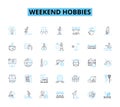 Weekend hobbies linear icons set. Biking, Cooking, Dancing, Drawing, Fishing, Gardening, Hiking line vector and concept