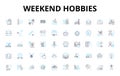 Weekend hobbies linear icons set. Biking, Cooking, Dancing, Drawing, Fishing, Gardening, Hiking vector symbols and line