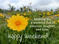 Weekend inspirational quote - Wishing you a weekend full of pleasure, laughter and bliss. Happy weekend. With yellow flower.