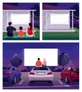 Weekend movie night semi flat vector illustration set Royalty Free Stock Photo