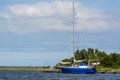 Weekend sailing on small jacht boat on riviers and canals in South Holland, Kaag, Netherlands Royalty Free Stock Photo