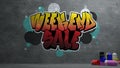 Weekend sale Graffiti on concrete wall texture Stone wall background , 3d rendering
