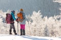 Portrait of two attractive young women tourists outdoors in winter