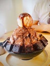 Chocolate brownie with vanilla ice-cream in the cafÃ©. Royalty Free Stock Photo