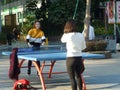 Shenzhen, China: young women are playing table tennis