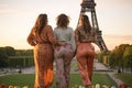 Weekends in Paris. Back of three plus size woman against Eiffel tower. Generative AI