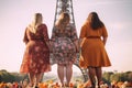 Weekends in Paris. Back of three plus size woman against Eiffel tower. Generative AI