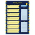 Weekly affairs planner template. Blank page with ornament and flowers on a blue background.
