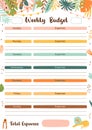 Weekly budget planner template for print. Week plan printable design for home budget, worksheet A4 size. Vector