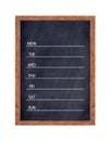 Weekly chalkboard calendar for home or office organization.