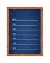 Weekly chalkboard calendar for home or office organization.