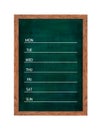 Weekly chalkboard calendar for home or office organization.