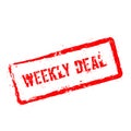 Weekly deal red rubber stamp isolated on white.