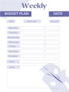 Weekly financial personal or business planner. Digital budget planner, expenses and amount. Minimalistic very peri colour, vector