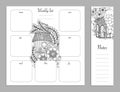 Weekly list design for notepad. Sketchbook, diary mockup. Coloring page.