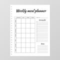 Weekly meal planner template. Blank white notebook page isolated on grey. Food Diary paper sheet. Stationery for planning menu and