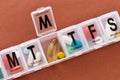 A weekly medicine dispenser opened for Wednesday, prescription pills and vitamins in a white pill box on terracotta